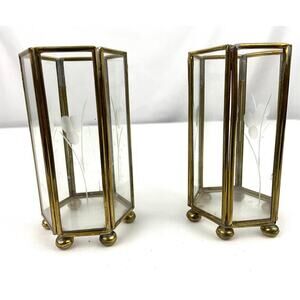 VTG Mini Brass Etched Glass Lantern Candle Holder Display Lot of 2